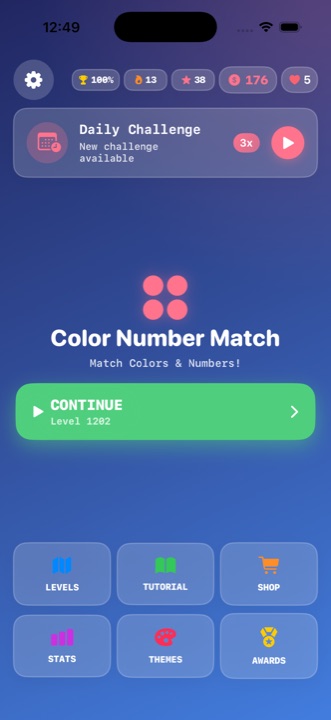 Color Number Match home screen with daily challenge banner