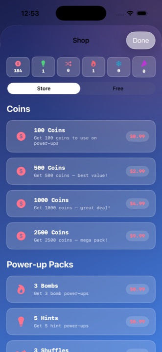 In-app store with coins and power-ups